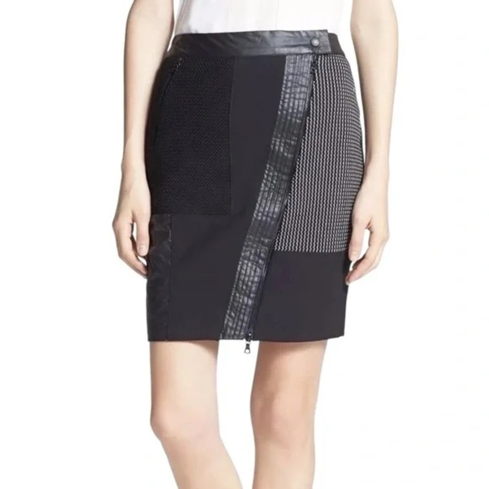 Elizabeth & James “Hastings” Patchwork Pencil Skirt Mixed Media High Waist Black